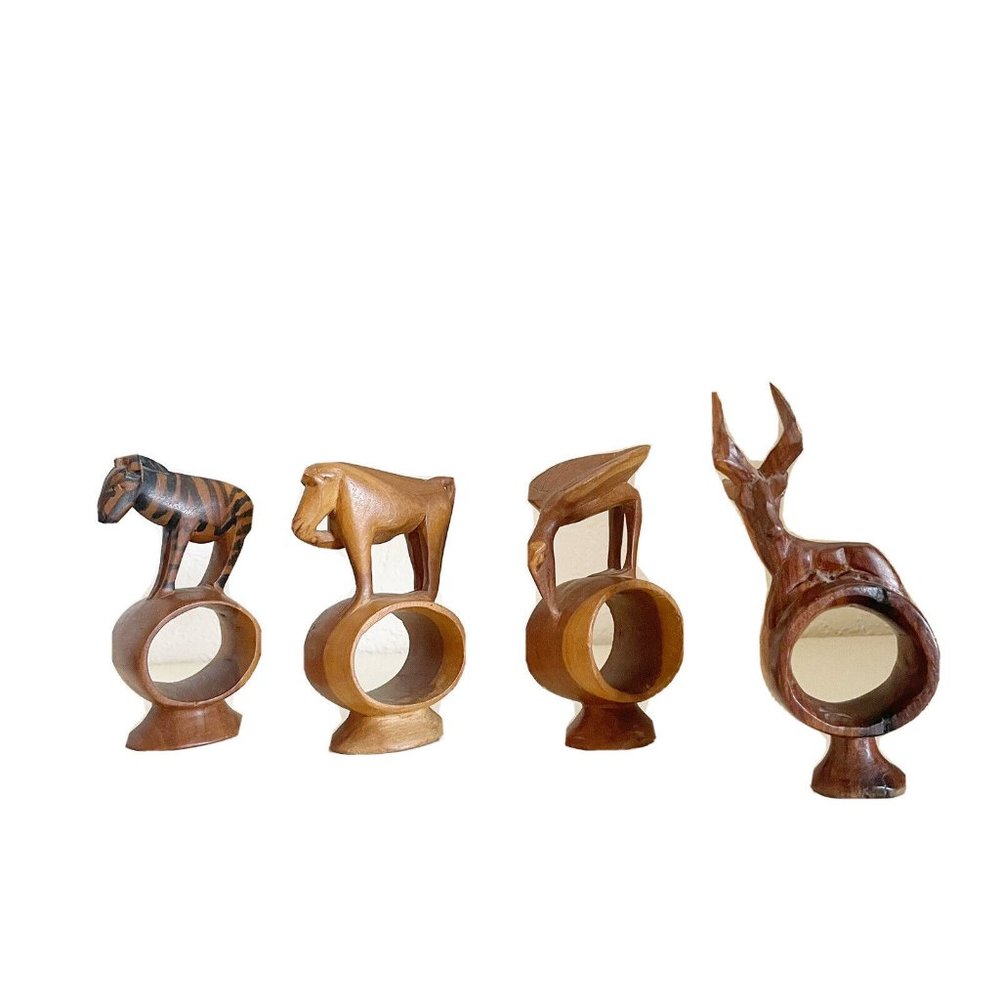 Vintage Lot of 4 Hand Carved African Safari Animal Wooden Napkin Holder Rings